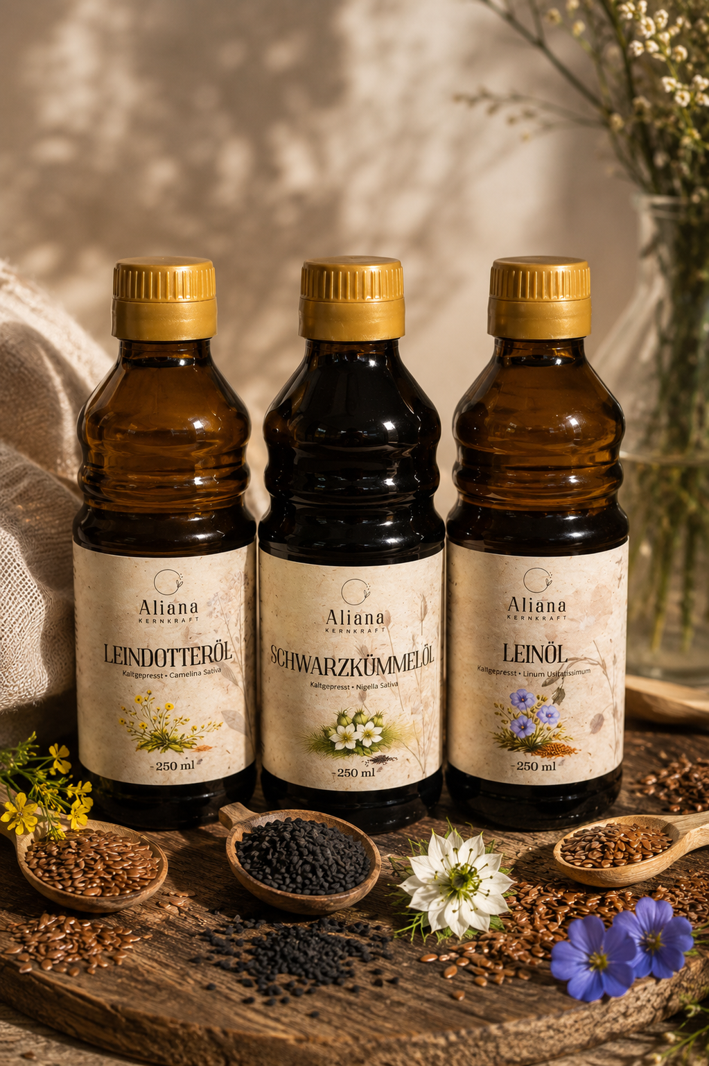 Unsere drei kaltgepressten Öle – Leindotteröl, Schwarzkümmelöl, Leinöl