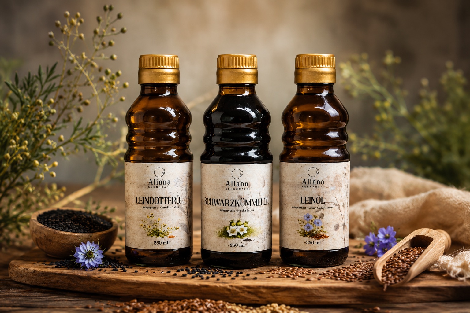 Aliana Kernkraft – Leindotteröl, Schwarzkümmelöl und Leinöl kaltgepresst